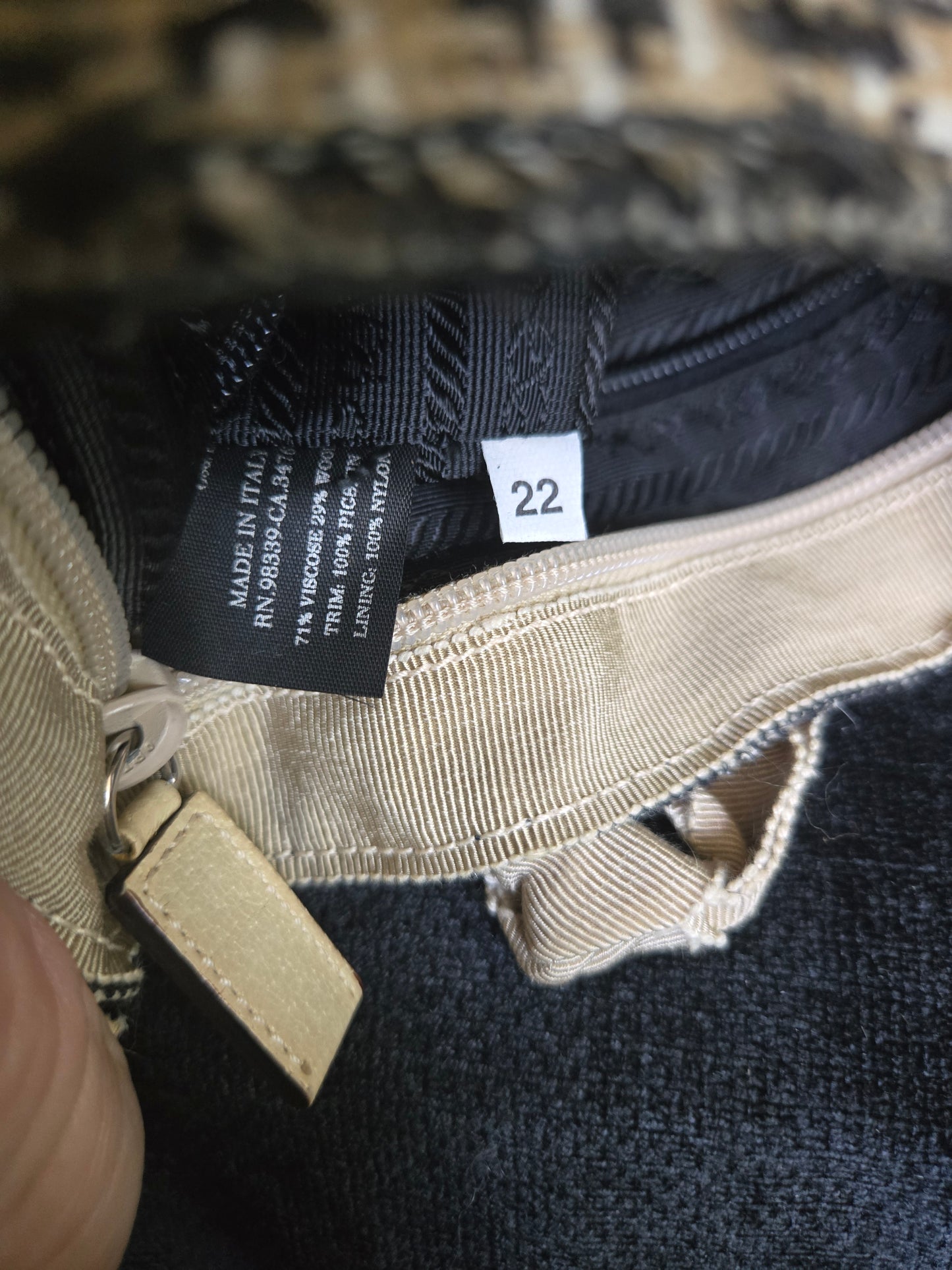 PRADA triangle logo plate Tote Bag Hand Bag tweed / Leather Beige