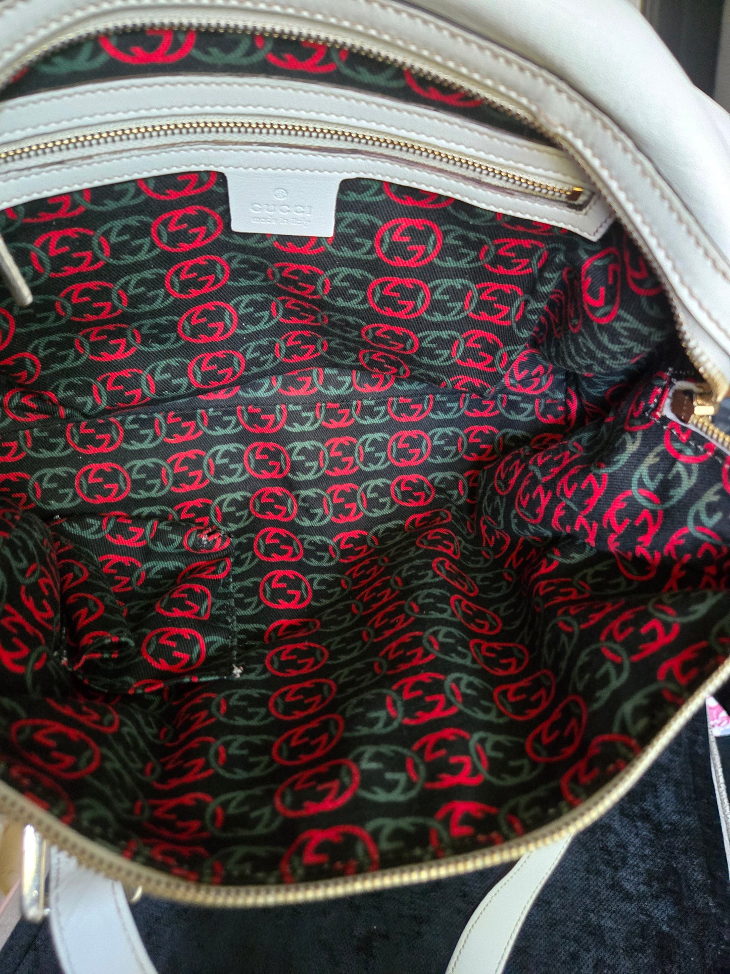 Gucci Britt GG Logo Leather Shoulder Duffle Bag in White