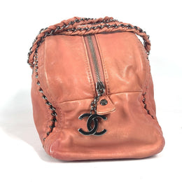 CHANEL Luxe Ligne Bowler Shoulder Bag leather Pink WChain