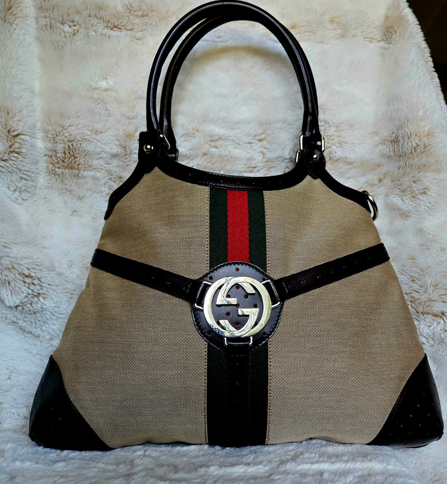 GUCCI Jackie 1961 Handbag Rare canvas Brown Beige Sherry Line Interlocking G