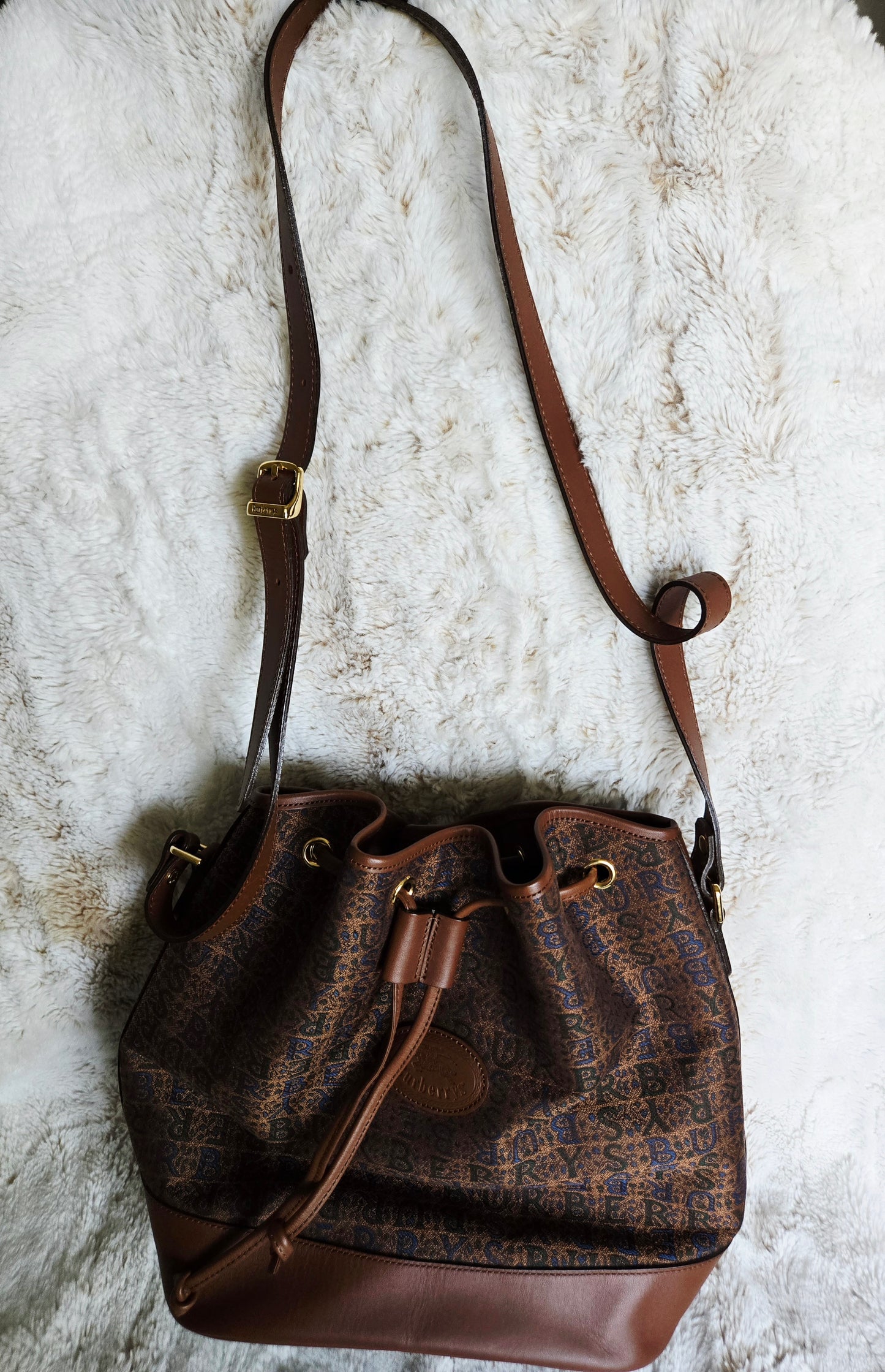 Burberry Logo Canvas Leather Drawstring Bucket Bag Brown