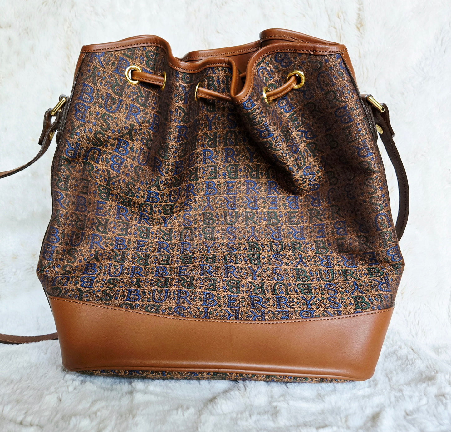 Burberry Logo Canvas Leather Drawstring Bucket Bag Brown