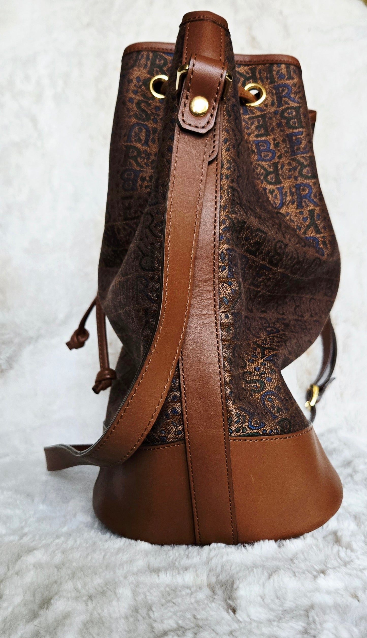 Burberry Logo Canvas Leather Drawstring Bucket Bag Brown