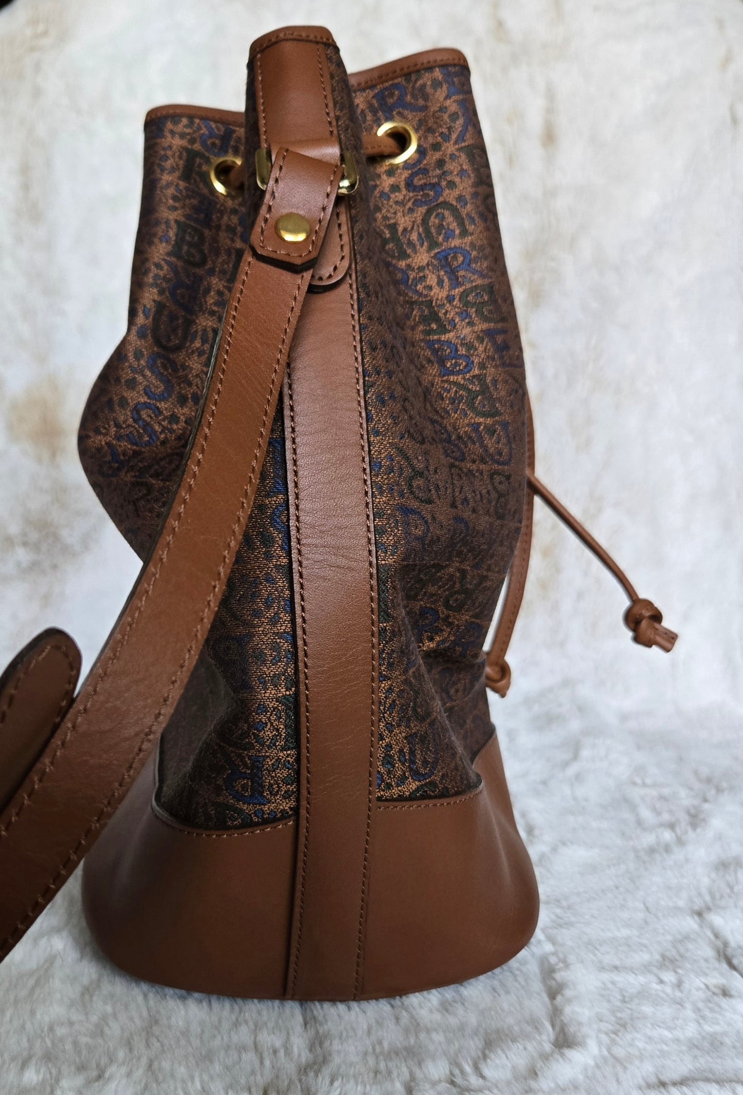 Burberry Logo Canvas Leather Drawstring Bucket Bag Brown