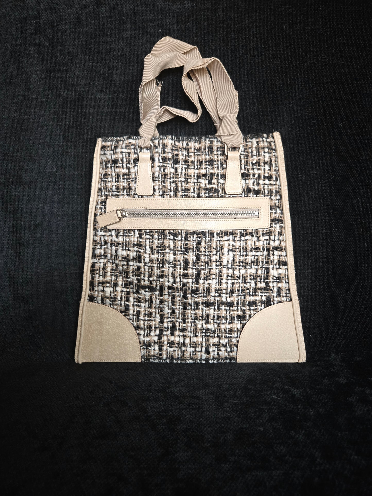 PRADA  triangle logo plate Tote Bag Hand Bag tweed / Leather Beige