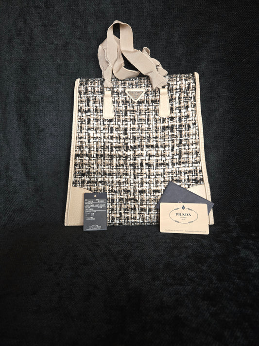 PRADA  triangle logo plate Tote Bag Hand Bag tweed / Leather Beige