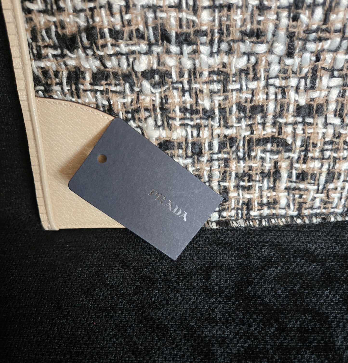 PRADA  triangle logo plate Tote Bag Hand Bag tweed / Leather Beige