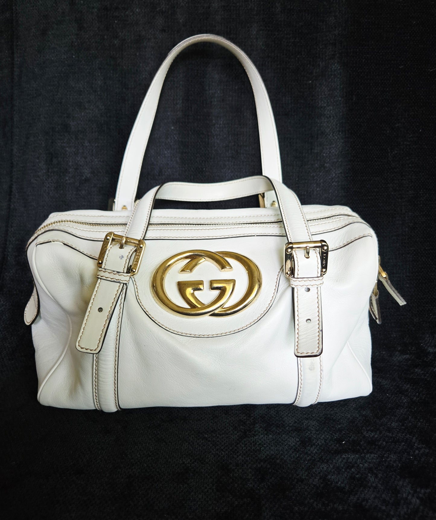 Gucci Britt GG Logo Leather Shoulder Duffle Bag in White