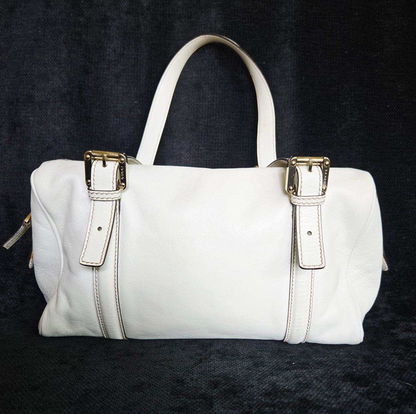 Gucci Britt GG Logo Leather Shoulder Duffle Bag in White