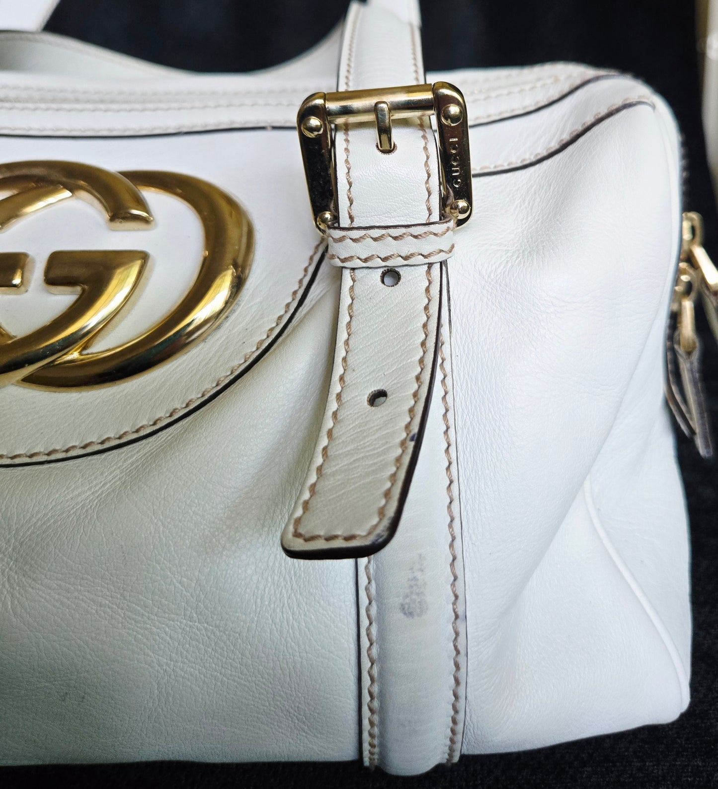 Gucci Britt GG Logo Leather Shoulder Duffle Bag in White