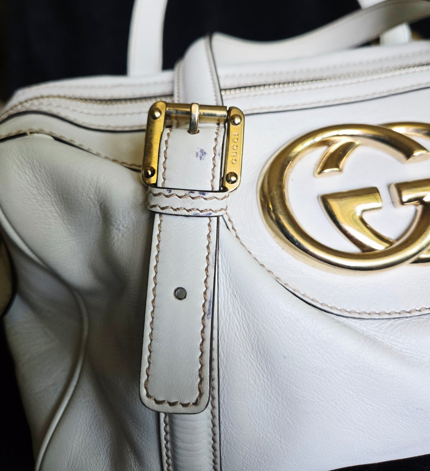 Gucci Britt GG Logo Leather Shoulder Duffle Bag in White