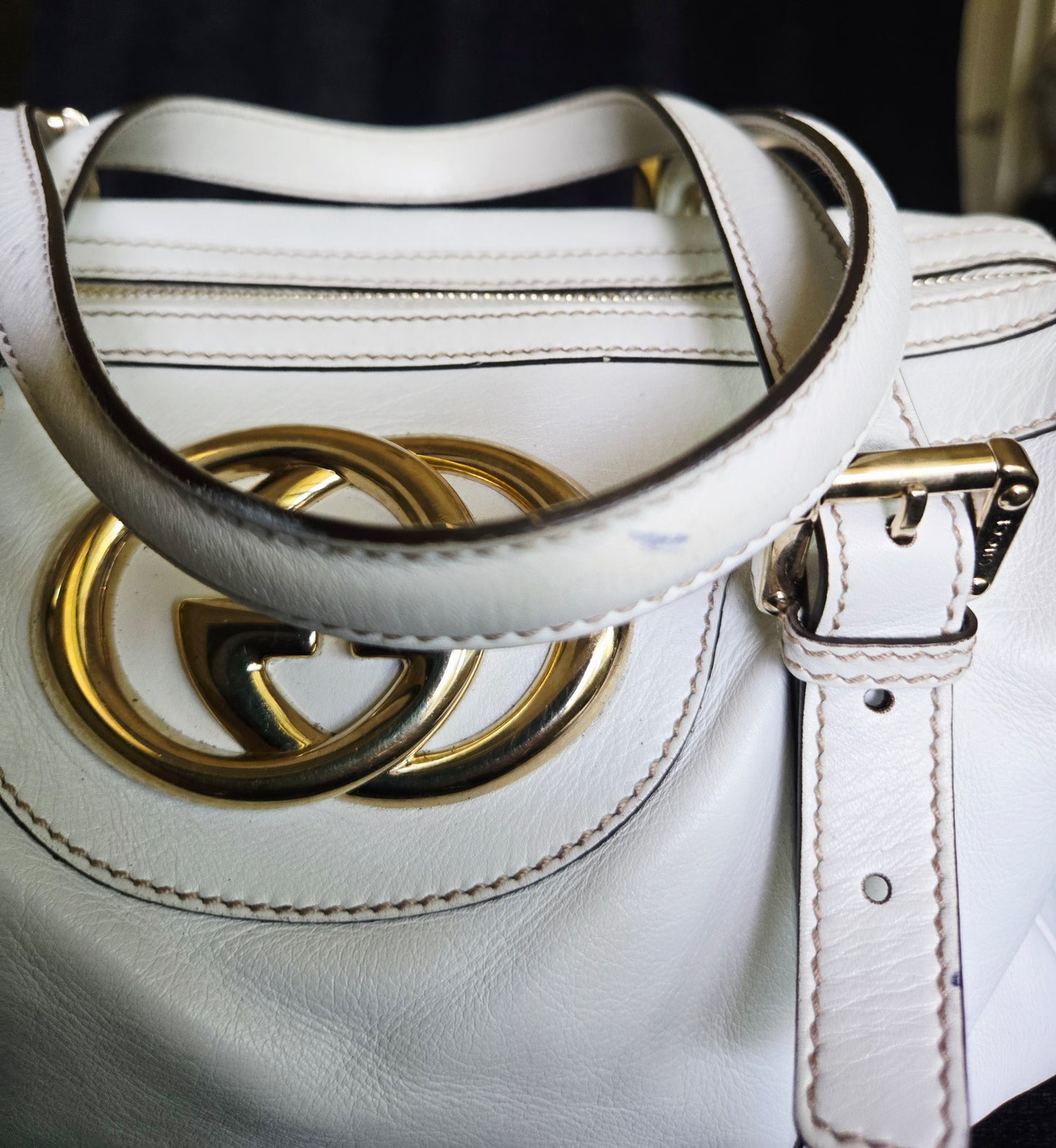 Gucci Britt GG Logo Leather Shoulder Duffle Bag in White