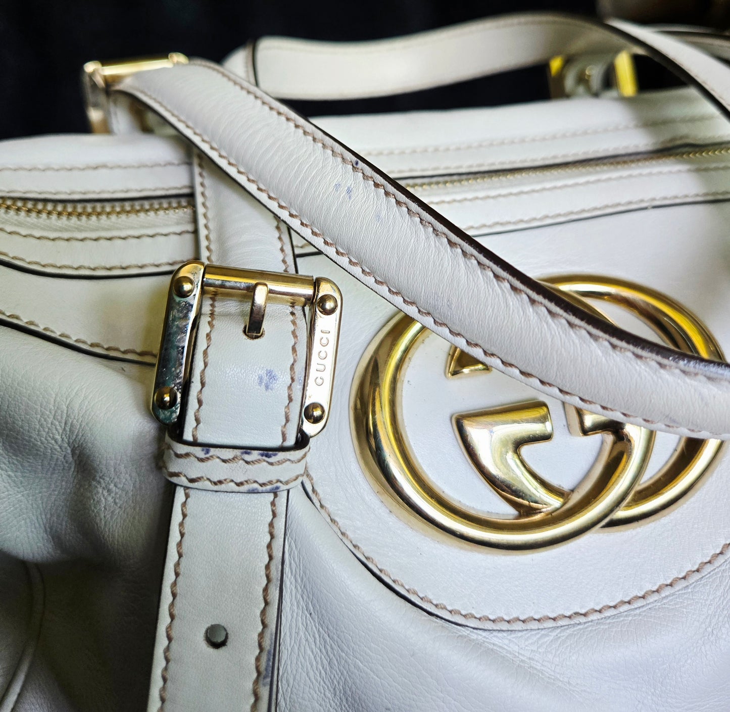 Gucci Britt GG Logo Leather Shoulder Duffle Bag in White