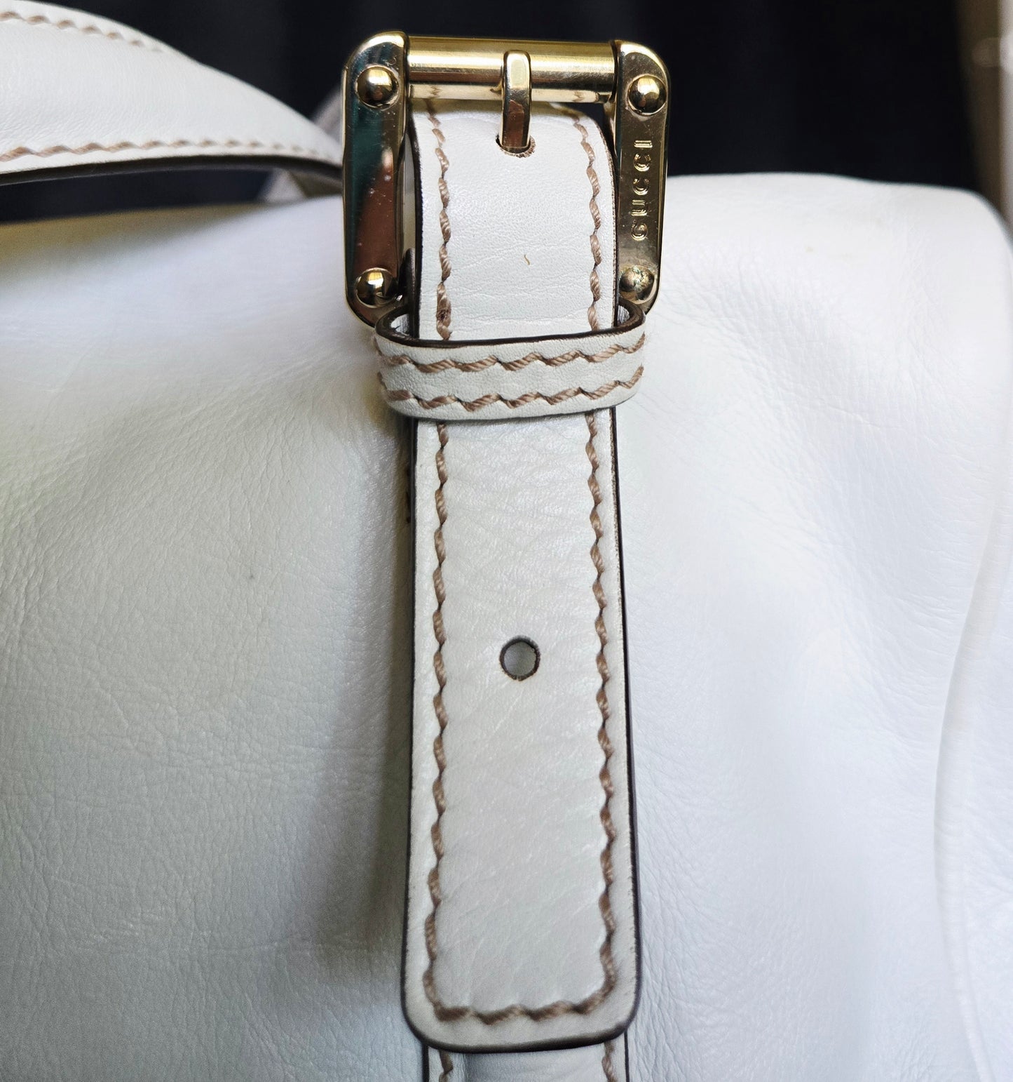 Gucci Britt GG Logo Leather Shoulder Duffle Bag in White