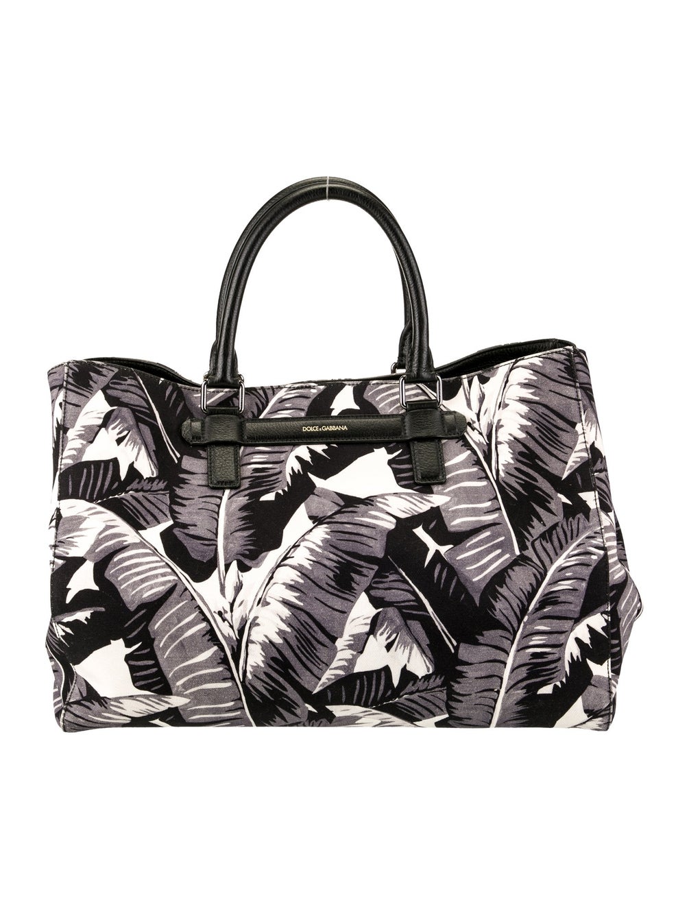 DOLCE&GABBANA Top Handle Canvas Leather Leaf Black Gray White