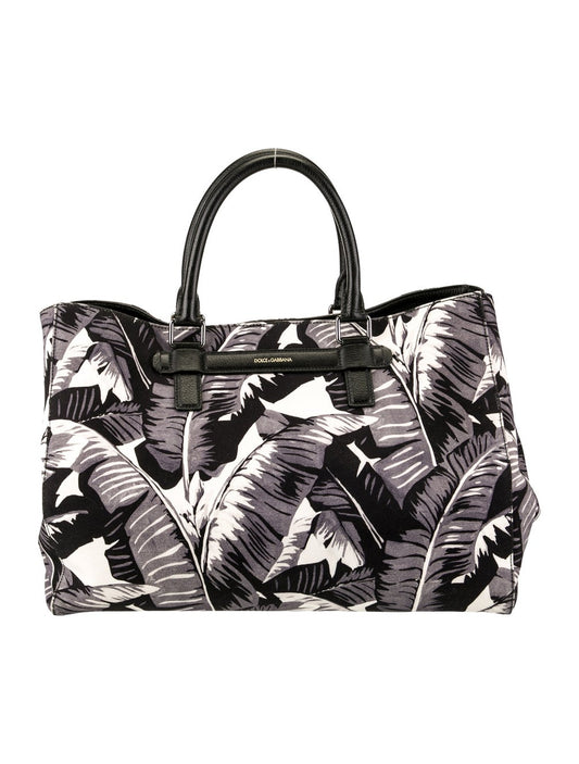 DOLCE&GABBANA Top Handle Canvas Leather Leaf Black Gray White