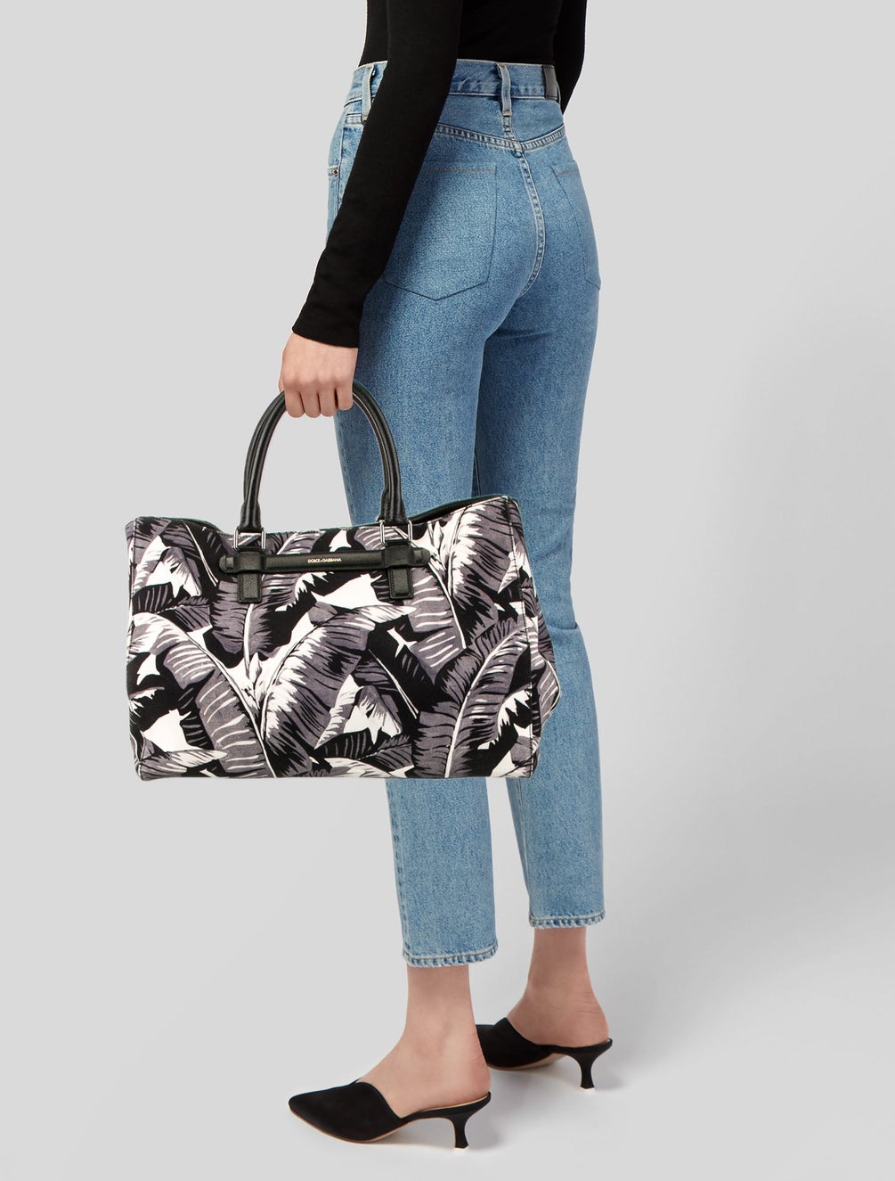 DOLCE&GABBANA Top Handle Canvas Leather Leaf Black Gray White