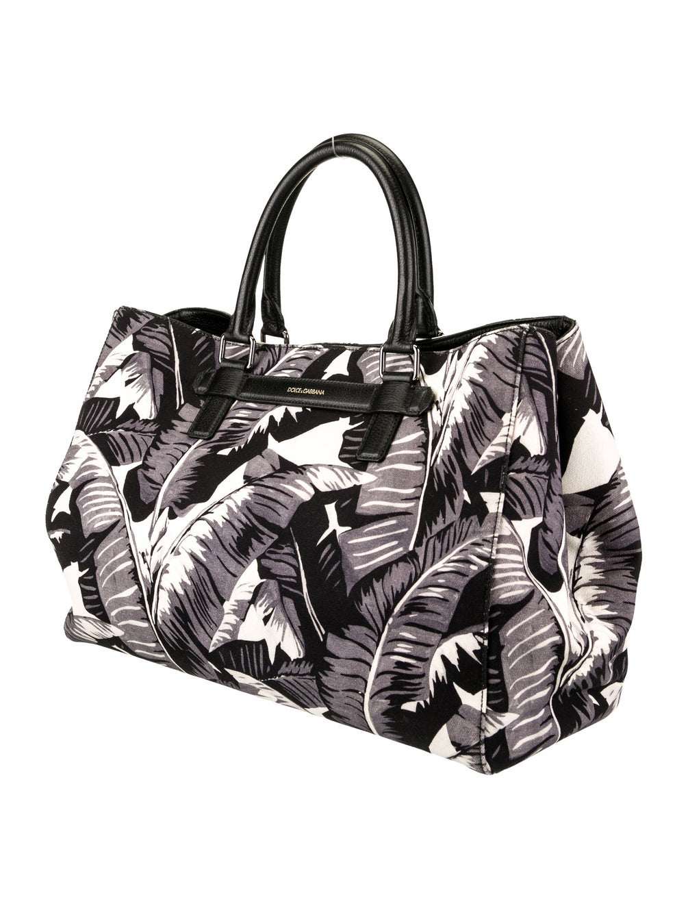 DOLCE&GABBANA Top Handle Canvas Leather Leaf Black Gray White