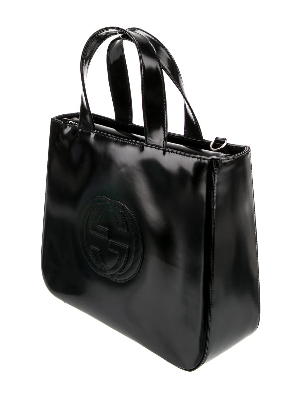 GUCCI Interlocking G Black Patent Leather Silver Hardware Vintage Top Handle Bag