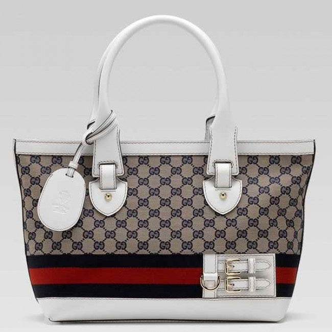 GUCCI Gucci Tote Bag Sherry Line Leather x Canvas Gray x White
