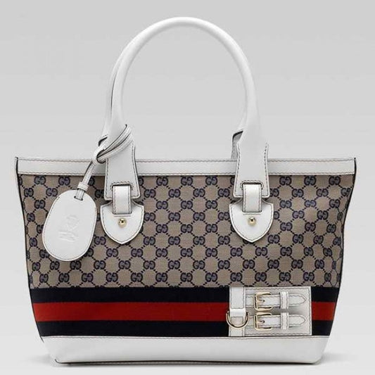 GUCCI Gucci Tote Bag Sherry Line Leather x Canvas Gray x White