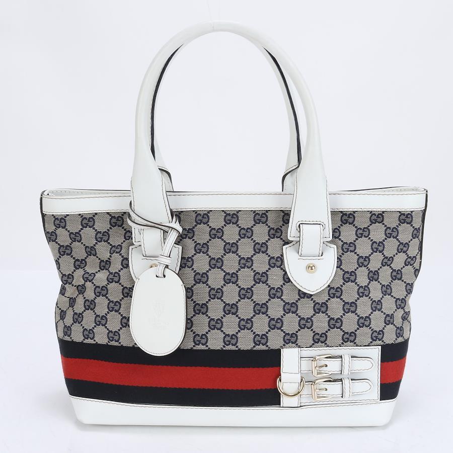 GUCCI Gucci Tote Bag Sherry Line Leather x Canvas Gray x White