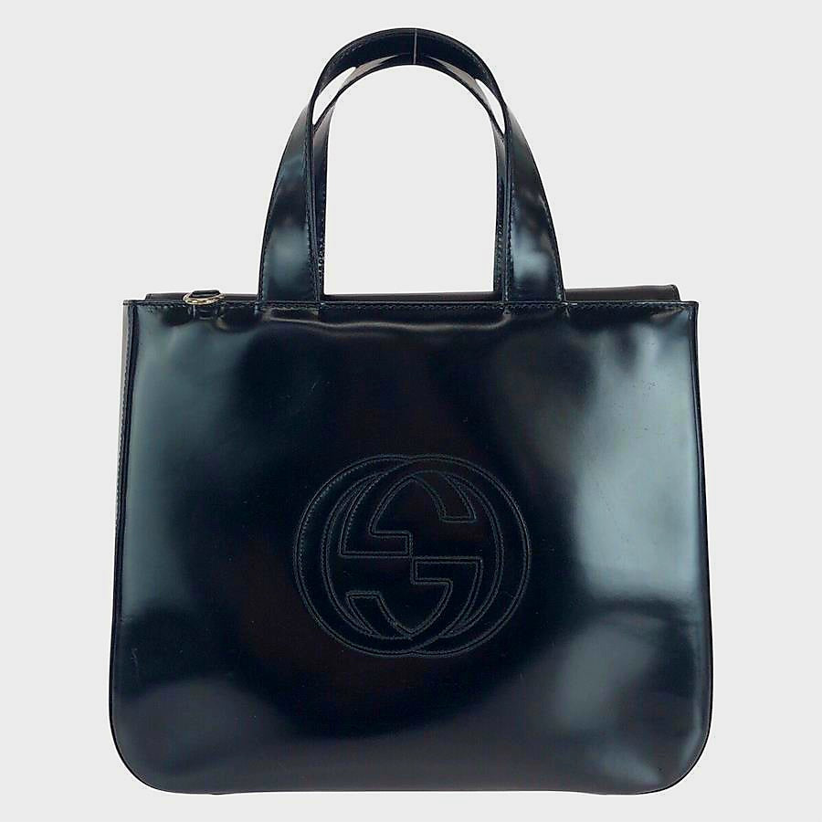 GUCCI Interlocking G Black Patent Leather Silver Hardware Vintage Top Handle Bag