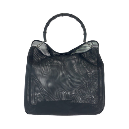 Gucci Shoulder Bag Tote Black / Silver Metal Bamboo Mesh
