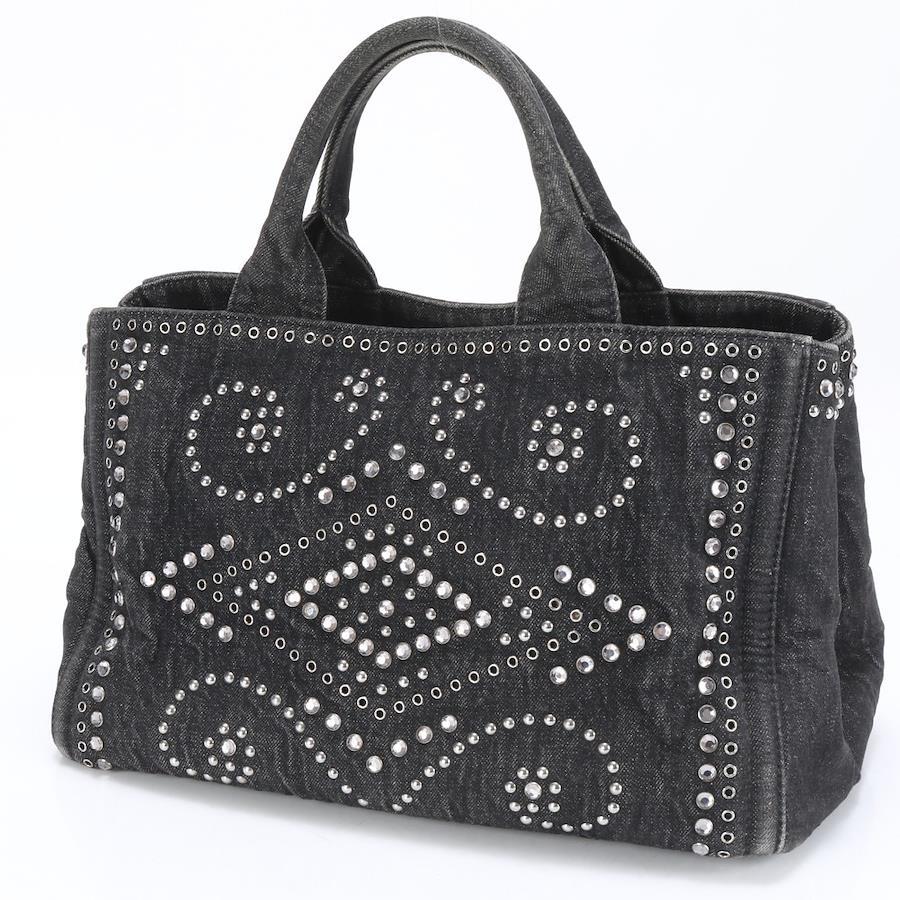 PRADA Canvas Crystal Studded Canapa  Top Handle Bag Denim Black