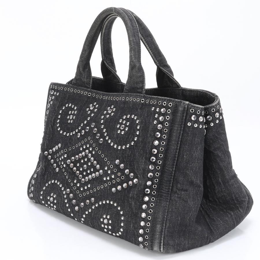 PRADA Canvas Crystal Studded Canapa  Top Handle Bag Denim Black