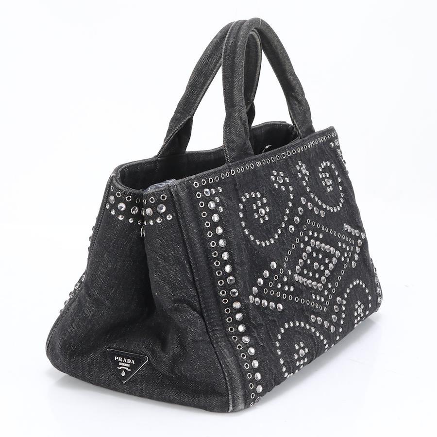 PRADA Canvas Crystal Studded Canapa  Top Handle Bag Denim Black
