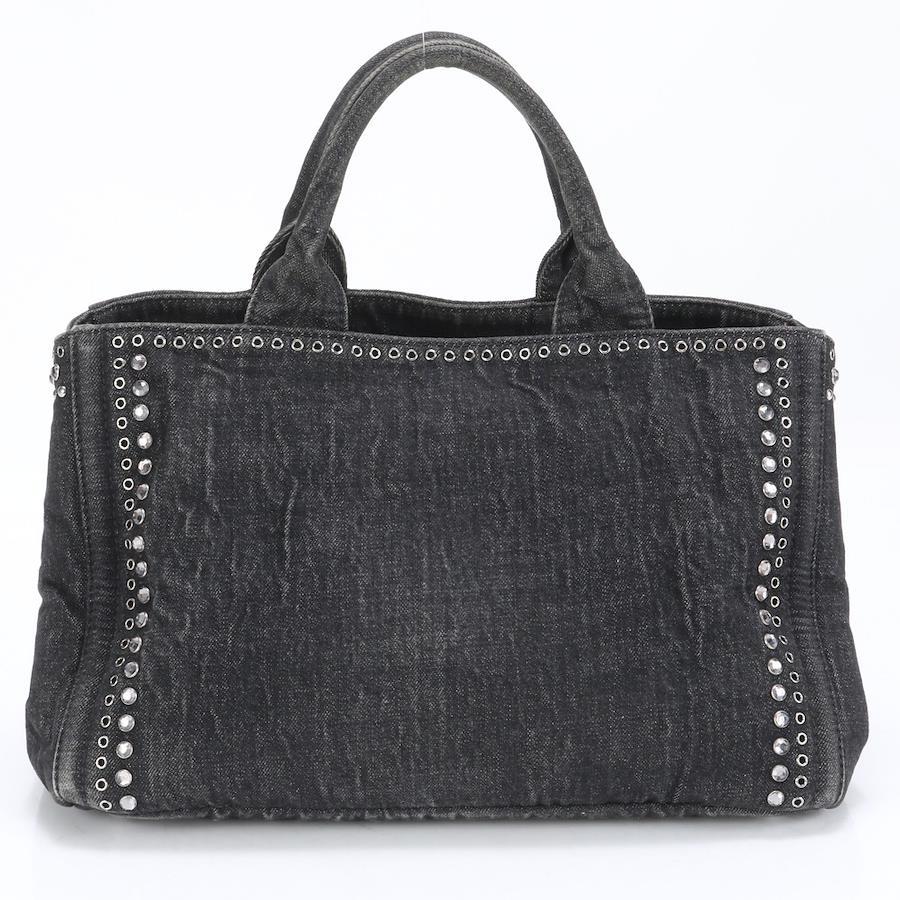 PRADA Canvas Crystal Studded Canapa  Top Handle Bag Denim Black