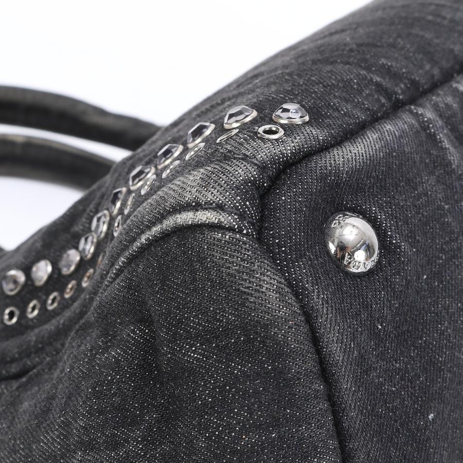 PRADA Canvas Crystal Studded Canapa  Top Handle Bag Denim Black