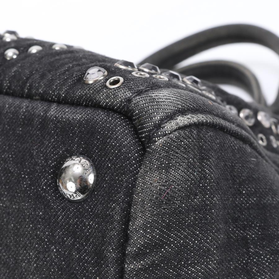 PRADA Canvas Crystal Studded Canapa  Top Handle Bag Denim Black