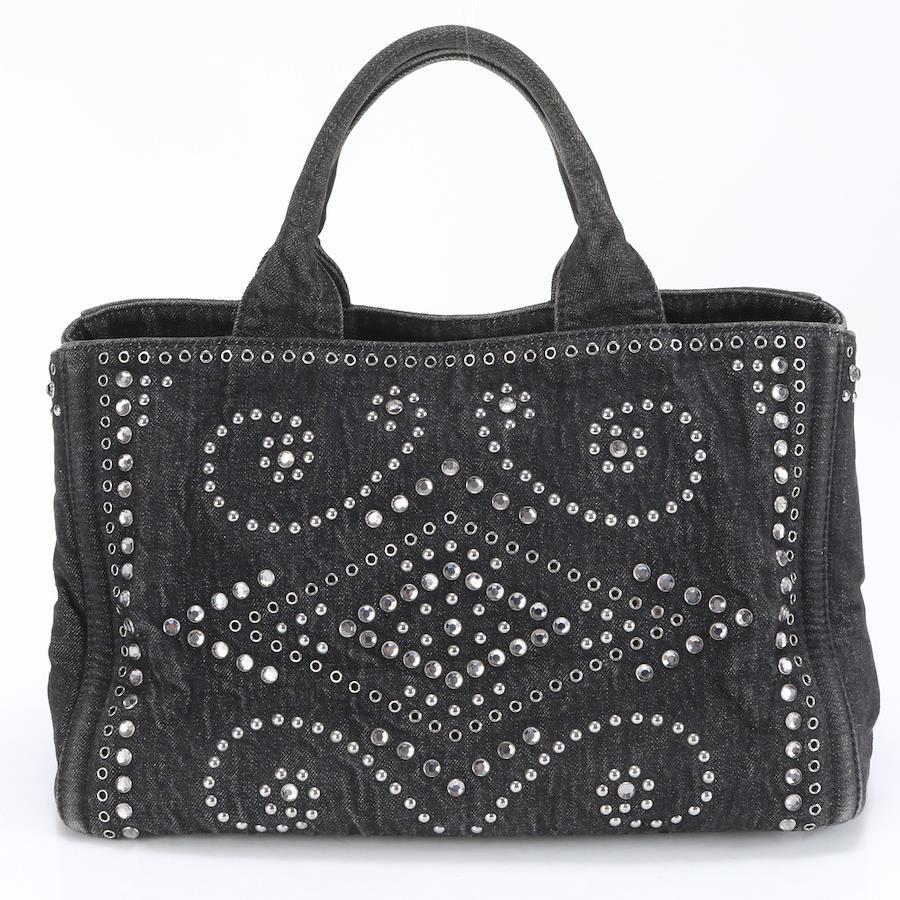 PRADA Canvas Crystal Studded Canapa  Top Handle Bag Denim Black