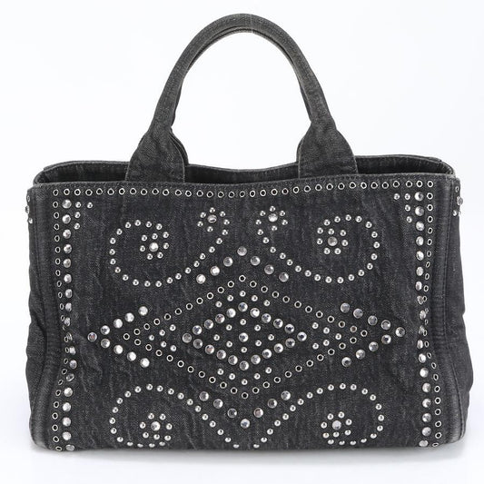 PRADA Canvas Crystal Studded Canapa  Top Handle Bag Denim Black