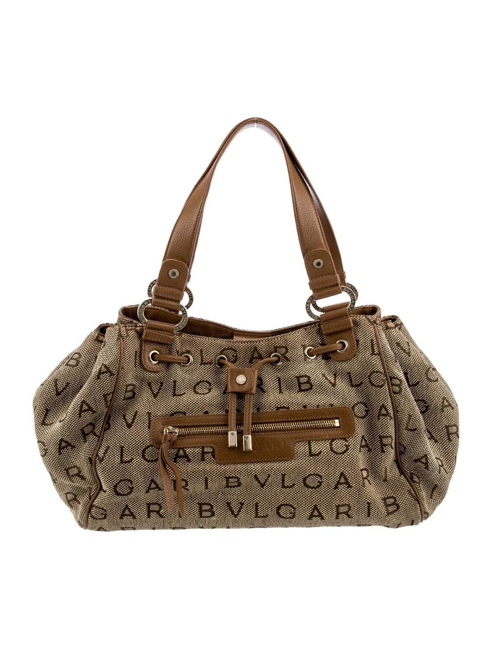BVLGARI Canvas Leather Brown Logo Mania Shoulder Bag