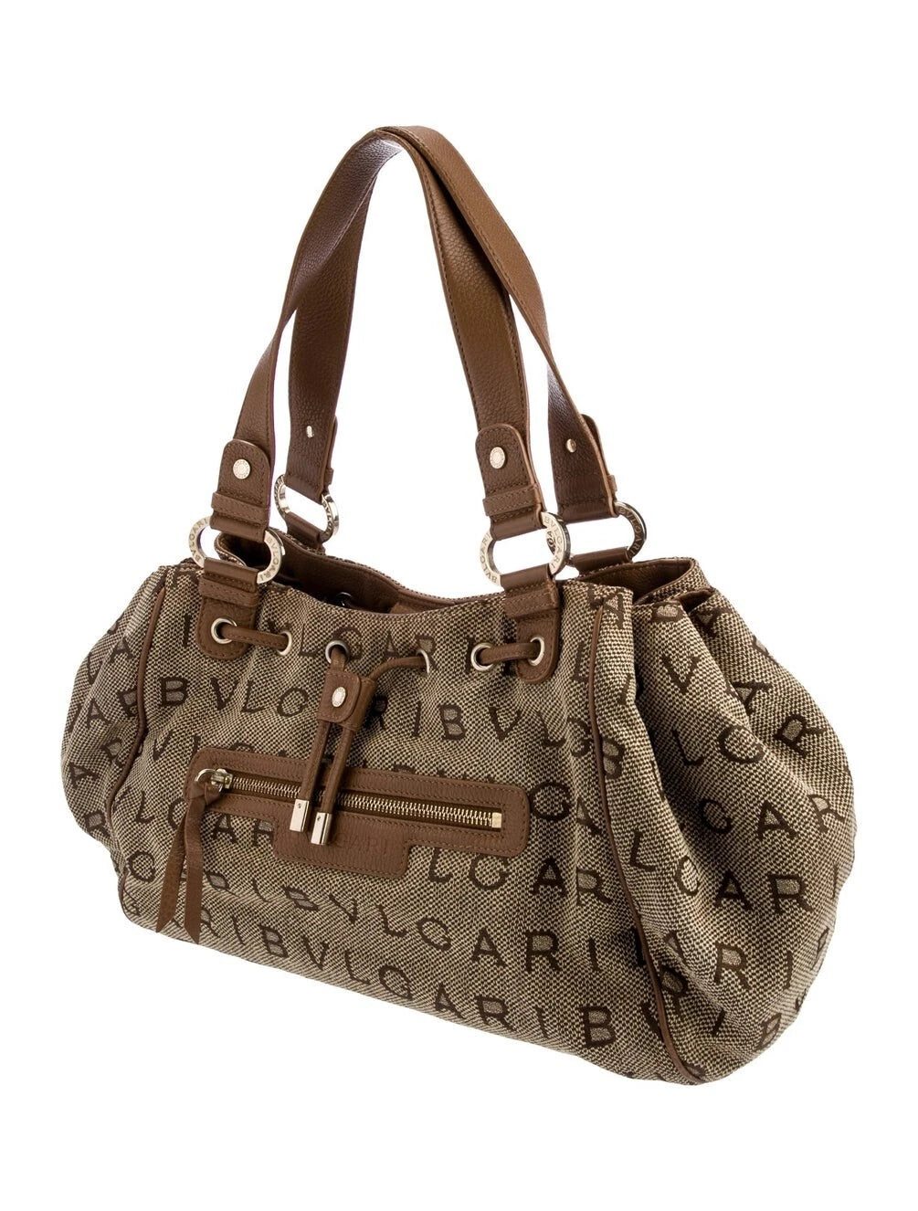 BVLGARI Canvas Leather Brown Logo Mania Shoulder Bag