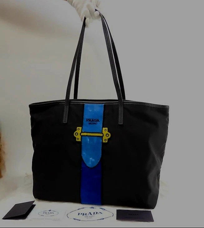 Prada Tote Bag Trompe L'oeil Saffian Black Nylon Shoulder Bag
