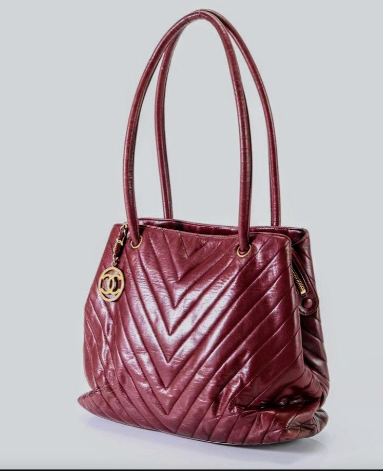 Chanel Surpique Chevron Burgundy Lambskin Shoulder Bag Vintage