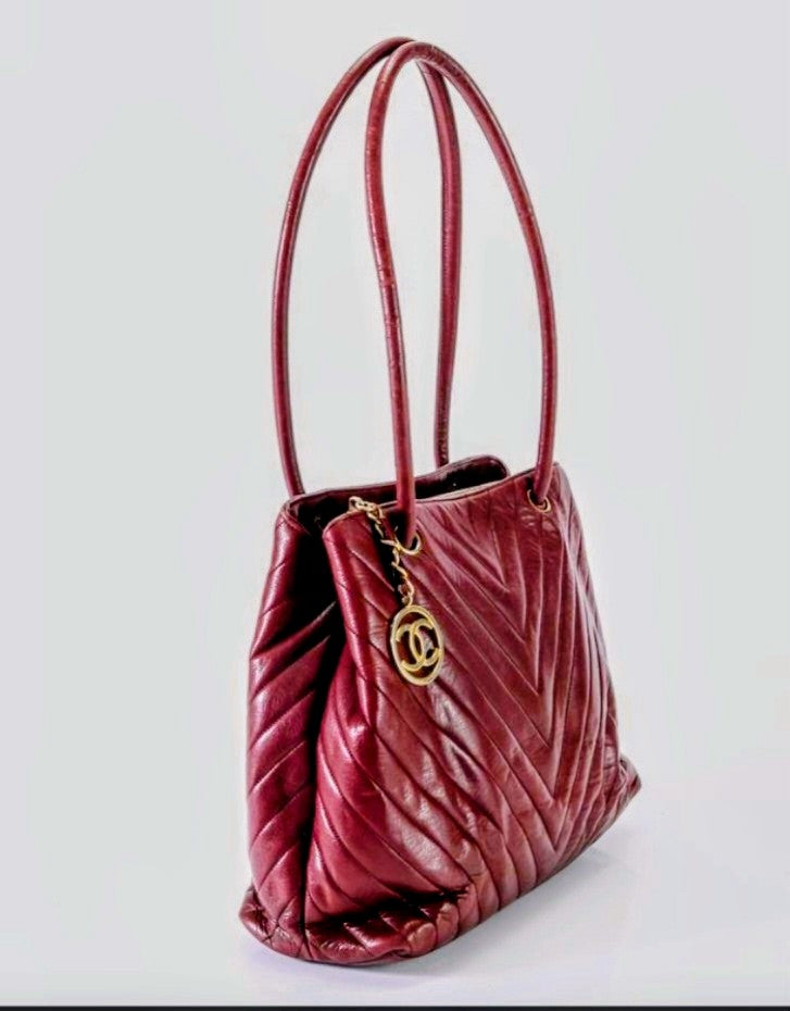 Chanel Surpique Chevron Burgundy Lambskin Shoulder Bag Vintage