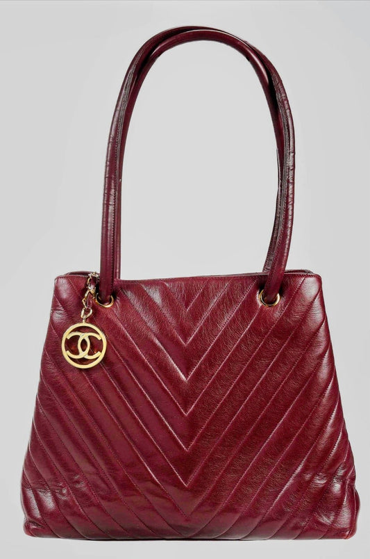Chanel Surpique Chevron Burgundy Lambskin Shoulder Bag Vintage