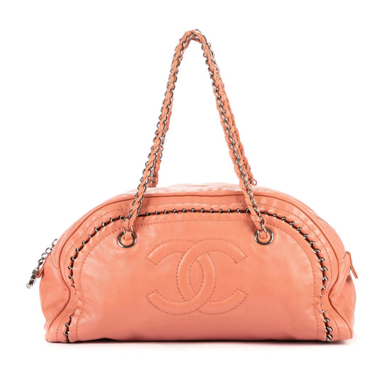 CHANEL Luxe Ligne Bowler Shoulder Bag leather Pink WChain