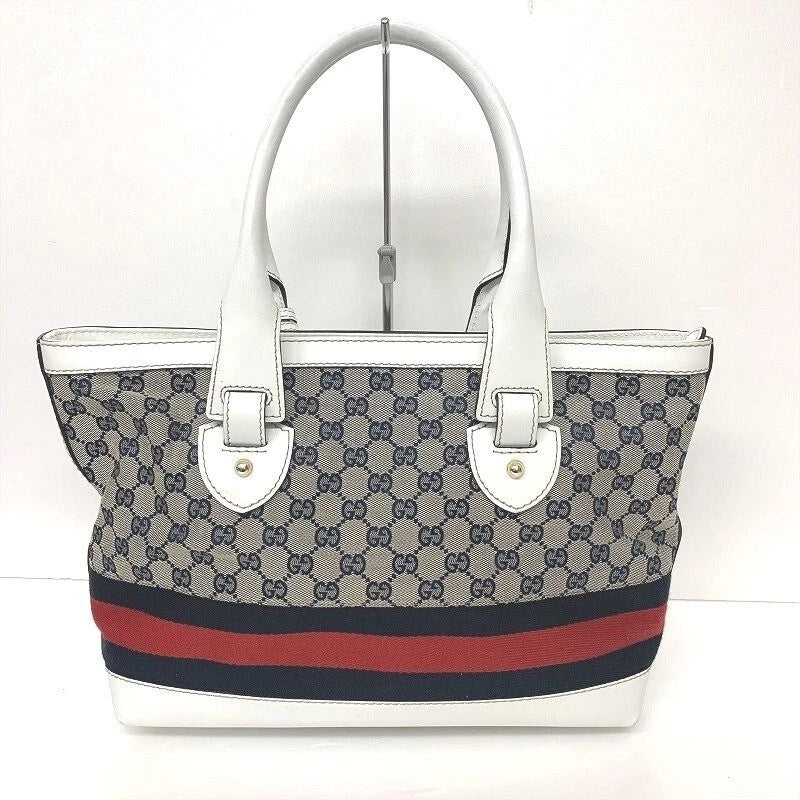 GUCCI Gucci Tote Bag Sherry Line Leather x Canvas Gray x White