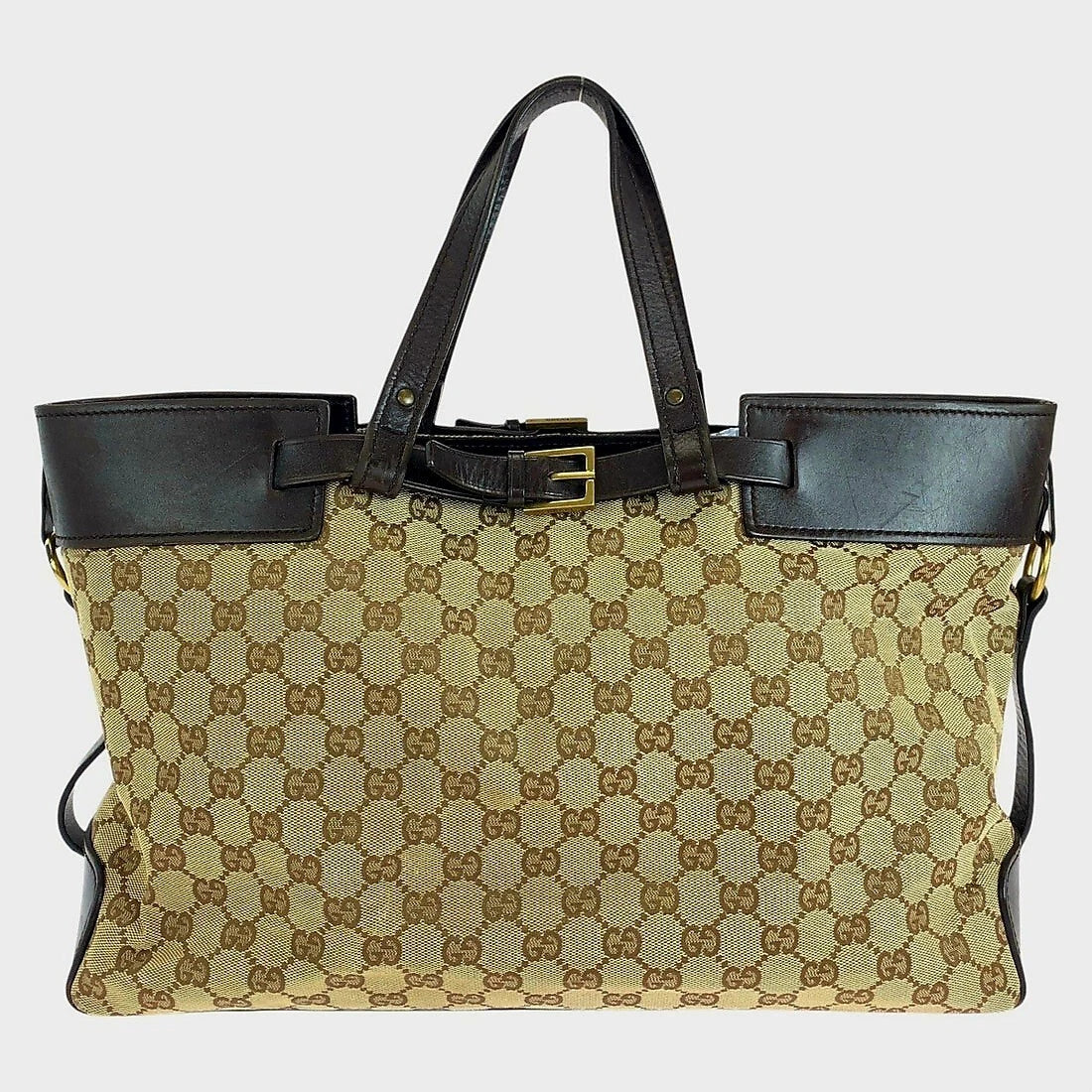 Gucci Brown GG Canvas Leather Tote Bag Large