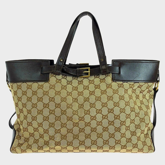 Gucci Brown GG Canvas Leather Tote Bag Large
