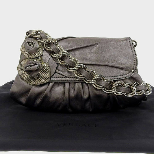 Gianni Versace Medusa Leather Shoulder Bag Silver Rose Sequin details
